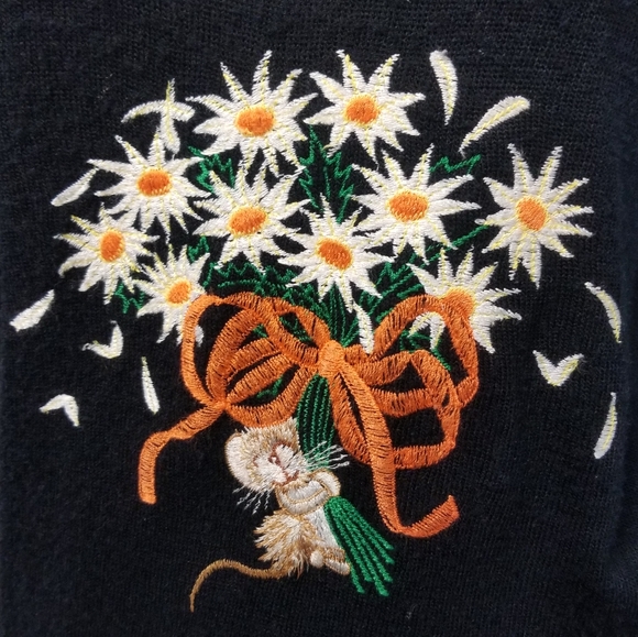 Vintage Mouse & Daisies embroidered v-neck sweater M vtg grunge punk 70s 80s - Picture 2 of 5